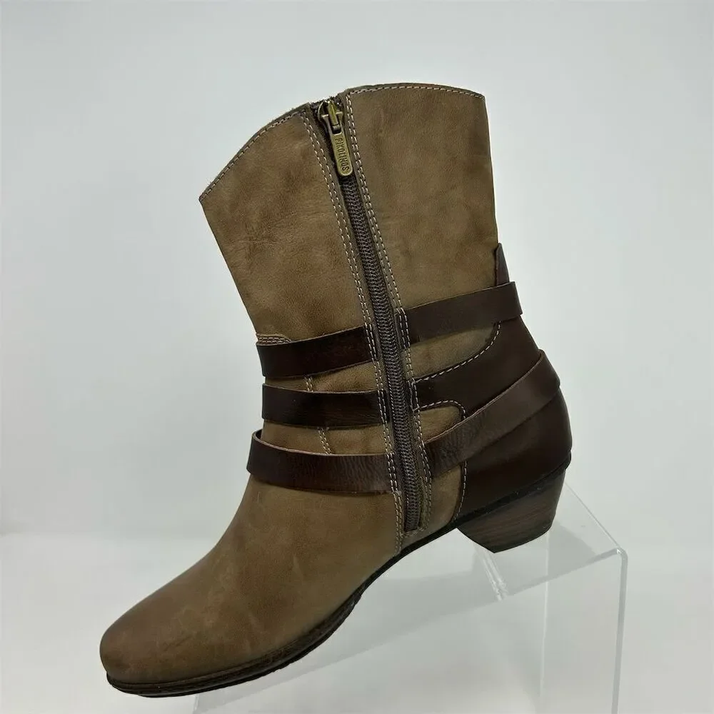 Pikolinos Women's Brown Leather Western Buckle Strap Heeled Ankle Boots Size 38